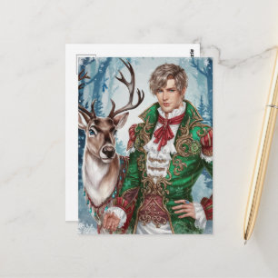 Cartão Postal Homem loiro bonito e um Natal de Rena