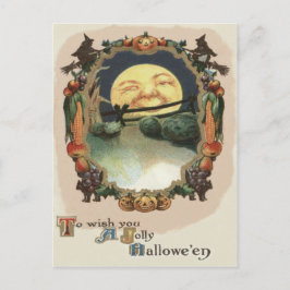 Cartão Postal Homem na Lua Abóbora de Halloween Bruxa