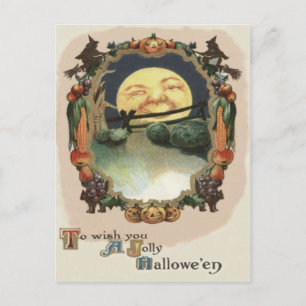 Cartão Postal Homem na Lua Abóbora de Halloween Bruxa