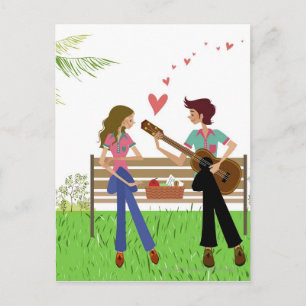 Cartão Postal Homem tocando violão com uma mulher ao seu lado
