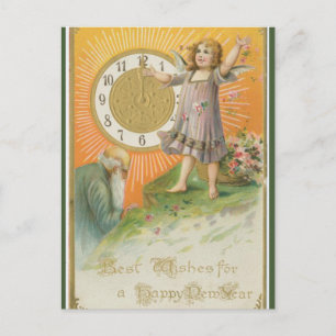 Cartão Postal Homem Velho Anjo Jovem Com Relógio Ano Novo