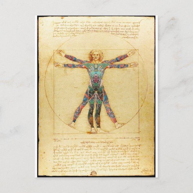 Cartão Postal Homem vitruviano de Da Vinci com tatuagens (Frente)
