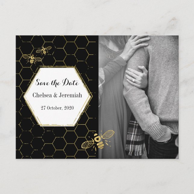 Cartão Postal Honey Bee Black Dourado Photo Save the Date Postca (Frente)
