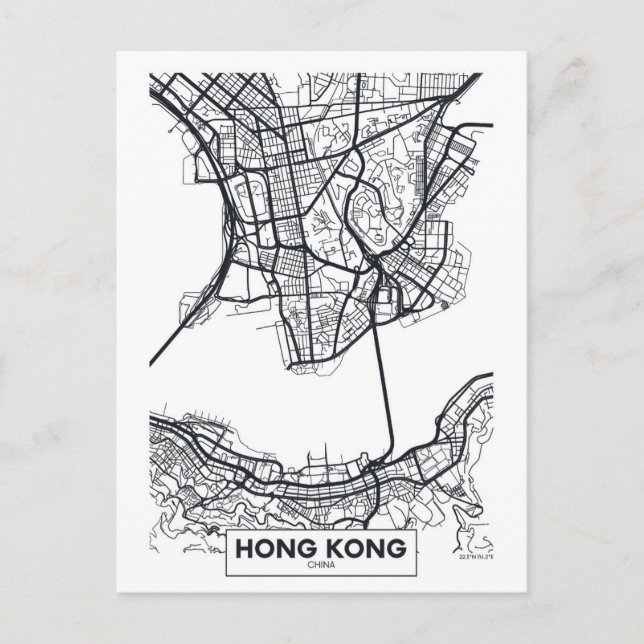 Cartão Postal Hong Kong, China | Mapa da Cidade Preto e Branco (Frente)