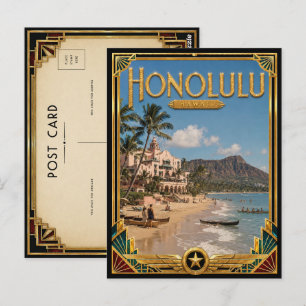 Cartão Postal Honolulu Havaí Arte Deco Vintage Idade Dourada