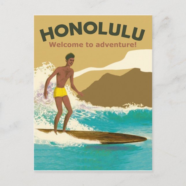 Cartão Postal Honolulu, surfe nas ondas do oceano (Frente)