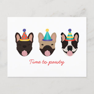 Cartão Postal Hora de Festa de Cachorro Bulldog Francês Chapéus 