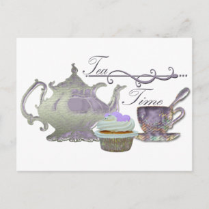 Cartão Postal Hora do Chá! Lilac Teapot, Teacup e Arte Cupcake