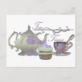 Cartão Postal Hora do Chá! Lilac Teapot, Teacup e Arte Cupcake