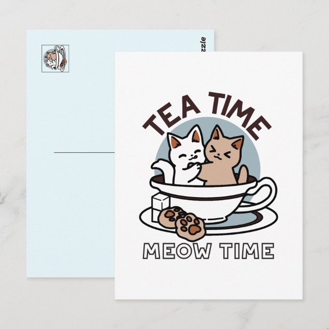 Cartão Postal Hora do Tea Meow - Design de Gato e Chá (Frente/Verso)