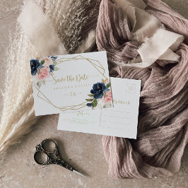 Cartão Postal Horizontal Geométrica Dourada Floral Salvar a Data