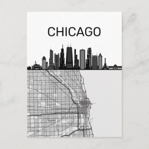 Cartão Postal Horizonte da Cidade de Chicago Illinois Com Mapa
