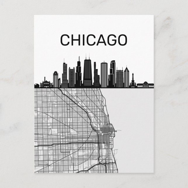 Cartão Postal Horizonte da Cidade de Chicago Illinois Com Mapa (Frente)