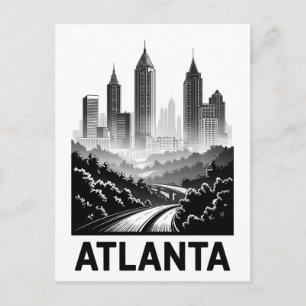 Cartão Postal Horizonte de Atlanta Geórgia Xilogravura Preto e B