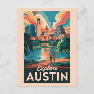 Cartão Postal Horizonte de Austin Texas Arte de Viagem Vintage