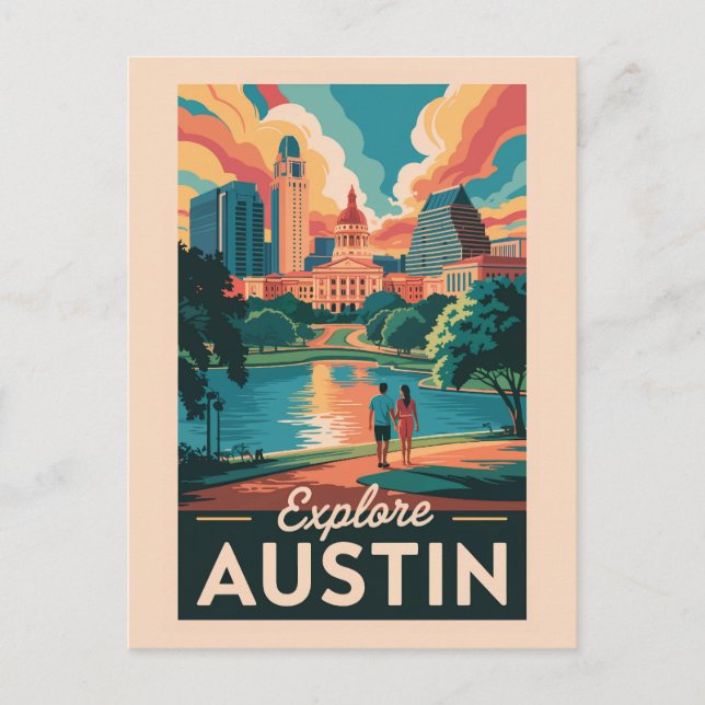 Cartão Postal Horizonte de Austin Texas Arte de Viagem Vintage (Frente)