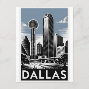 Cartão Postal Horizonte de Dallas Texas Preto Branco Xilogravura