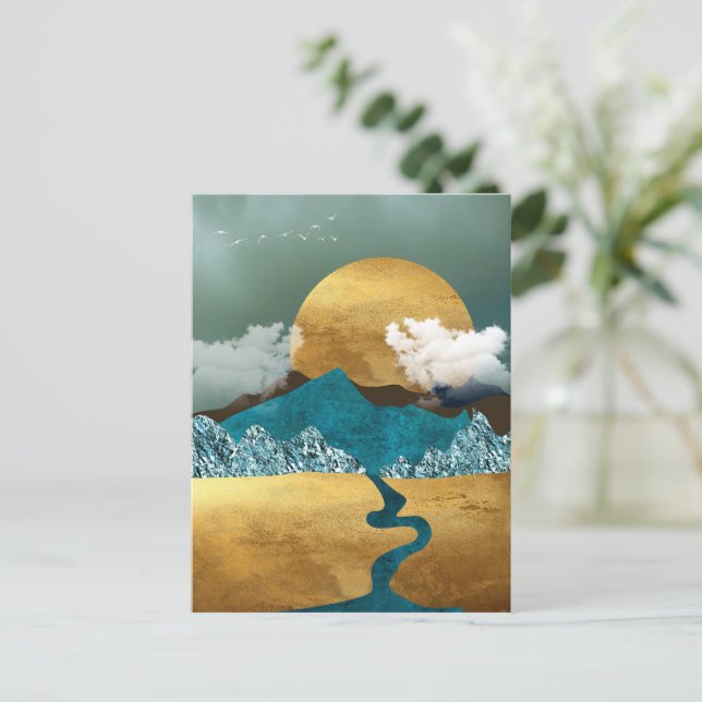 Cartão Postal Horizonte de ouro com Montanhas Azuis (Em pé/Frente)