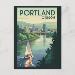 Cartão Postal Horizonte de Portland Oregon Arte de Viagem Vintag