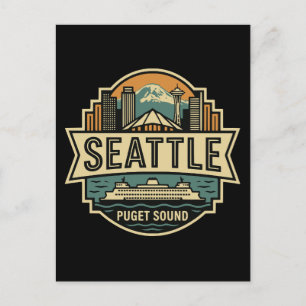 Cartão Postal Horizonte de Seattle Washington EUA Emblema Retro