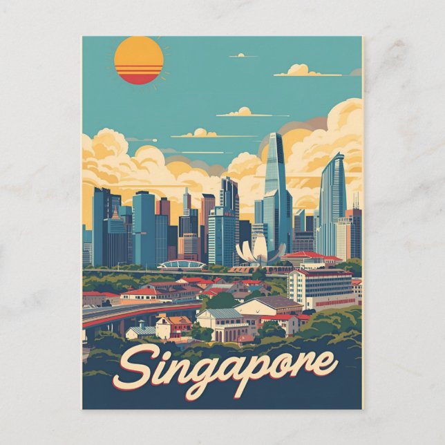 Cartão Postal Horizonte de Singapura retrô (Frente)