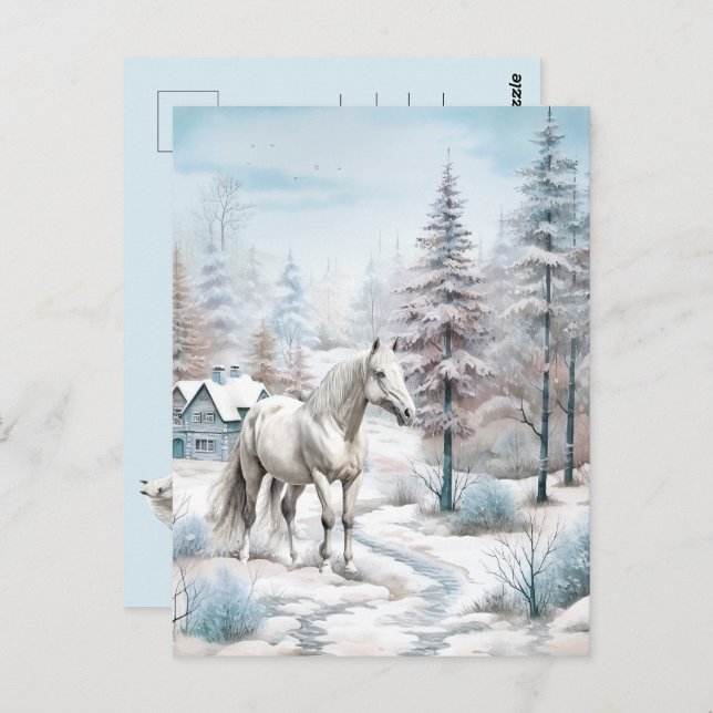 Cartão Postal Horse cena de inverno neve no Natal (Frente/Verso)