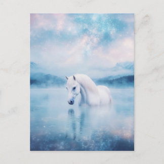 Cartão Postal Horse in Misty Mountain Lake with Starry Sky