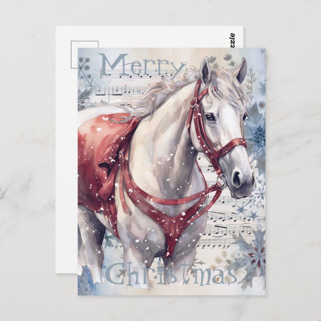 Cartão Postal Horse Winter Christmas Watercolor (Frente/Verso)
