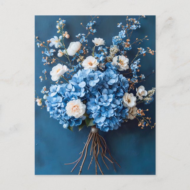 Cartão Postal Hortênsias Azuis e Flores Brancas (Frente)