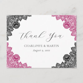 Cartão Postal Hot Pink and Black Floral Lace Wedding Thank You