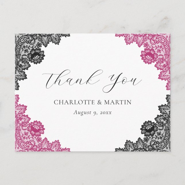 Cartão Postal Hot Pink and Black Floral Lace Wedding Thank You (Frente)