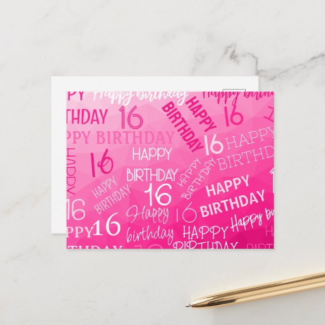 Cartão Postal Hot pink Geometric Mesh Pattern birthday any age (Frente/Verso In Situ)