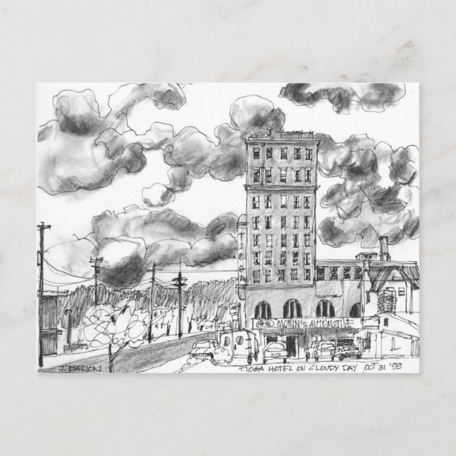 Cartão Postal Hotel Tioga em dia nublado, Baía de Coos, Oregon (Frente)