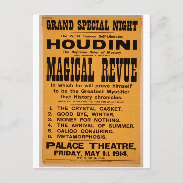 Cartão Postal Houdini, 'Revista Mágica' Teatro Retrô (Frente)
