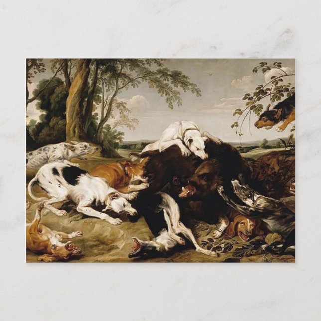 Cartão Postal Hounds derrubando um javali por Frans Snyders (Frente)
