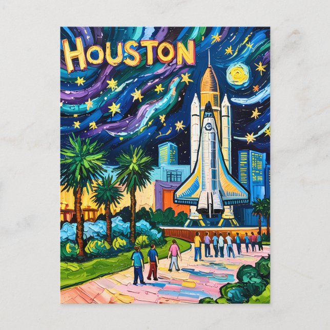 Cartão Postal Houston Skyline Space Center Rocket Van Gogh Kids (Frente)