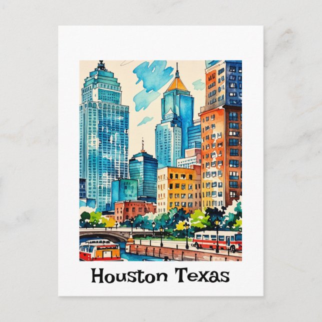 Cartão Postal Houston Skyline water color (Frente)