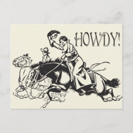 Cartão Postal Howdy com o Desenho Vintage de Cowgirl em Cavalos