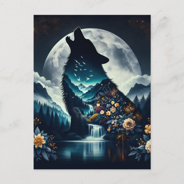 Cartão Postal Howling Wolf | Arte Ia De Lua Completa (Frente)