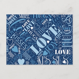 Cartão Postal Hugs e Kisses Word Cloud Blue ID286