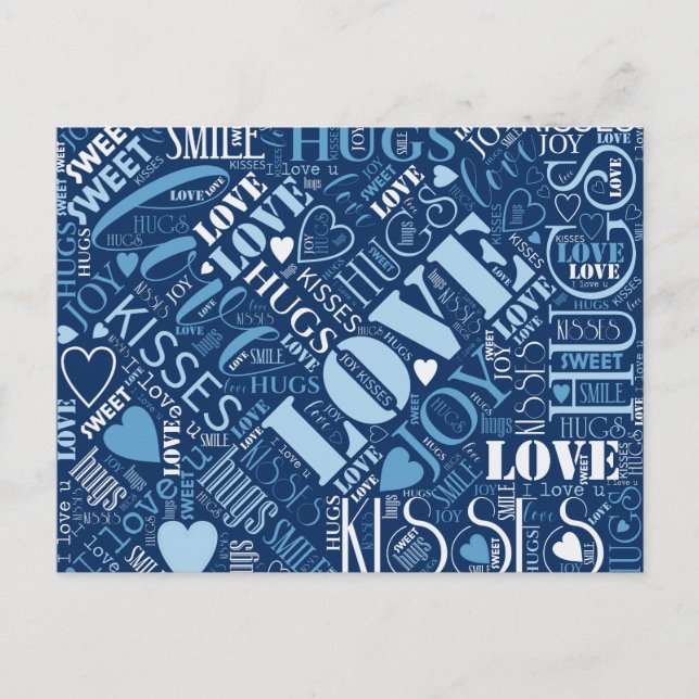 Cartão Postal Hugs e Kisses Word Cloud Blue ID286 (Frente)