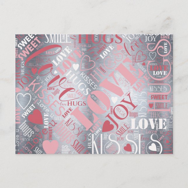 Cartão Postal Hugs e Kisses Word Cloud Pink/Silver ID286 (Frente)
