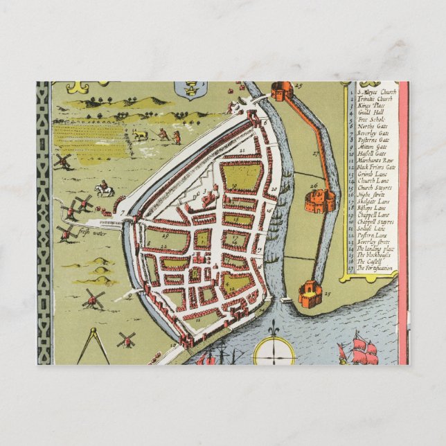 Cartão Postal Hull, detalhe do mapa do Norte e Leste Ridings (Frente)