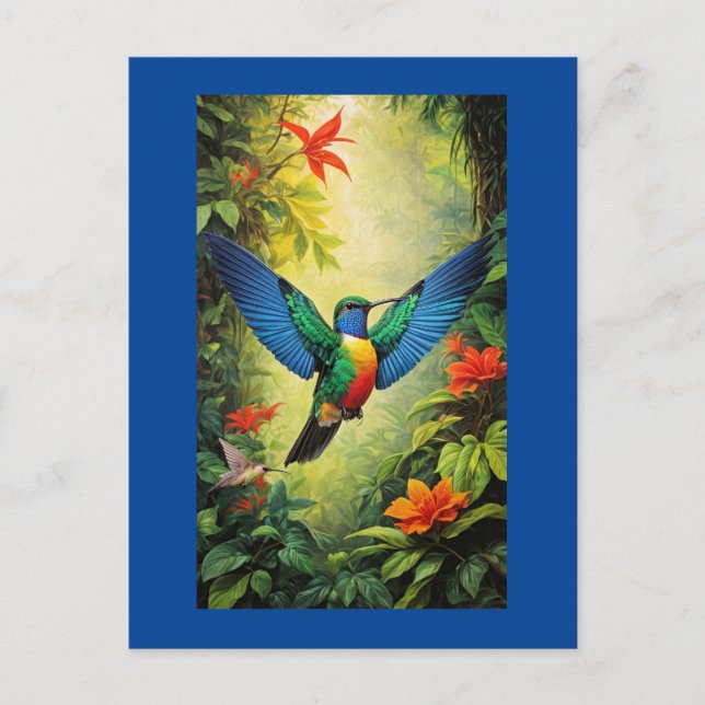 Cartão Postal Hummingbird colorido, quadro azul, (Frente)