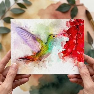 Cartão Postal Hummingbird com flor Watercolor - 03