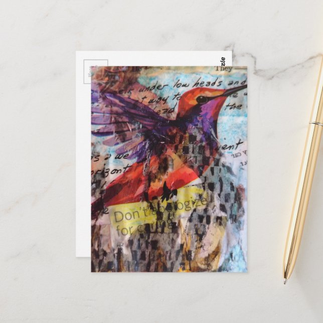 Cartão Postal Hummingbird don't apologize for caring mixed media (Frente/Verso In Situ)
