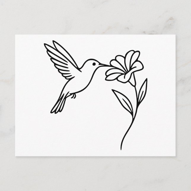 Cartão Postal Hummingbird e Flor - Arte de Linha Negra Minimalis (Frente)