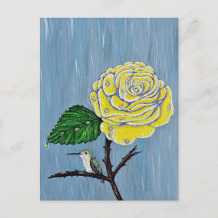 Cartão Postal Hummingbird e Rosa na pintura da chuva