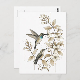 Cartão Postal Hummingbird & Floral Postcard - Watercolor Art