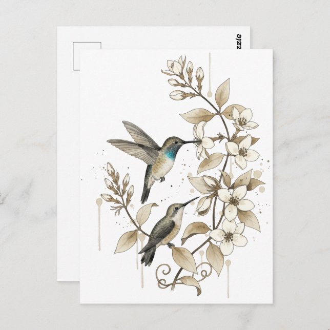 Cartão Postal Hummingbird & Floral Postcard - Watercolor Art (Frente/Verso)